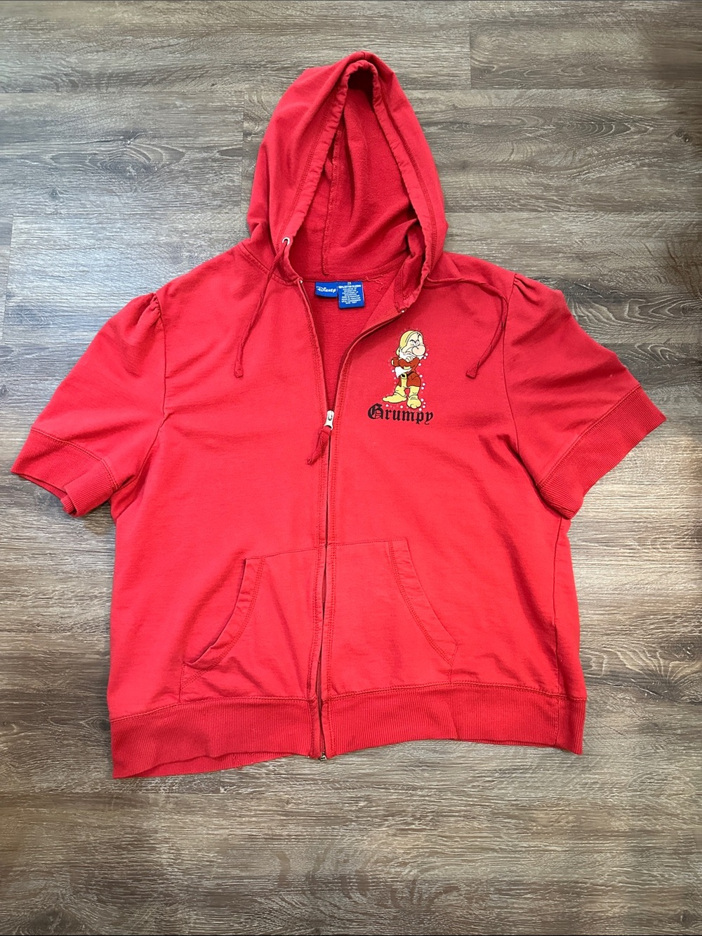 Disney Red Short-Sleeve Hooded Zip-Up with Grumpy Embroidered Patch